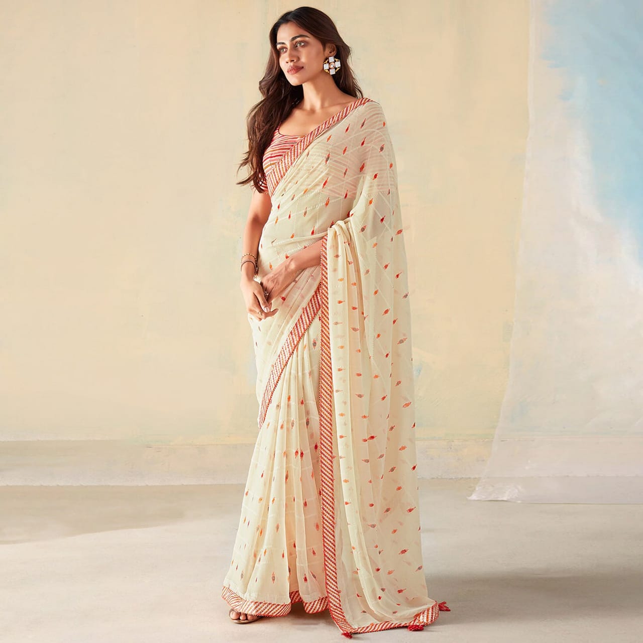 Off White Printed Banglori Silk Saree