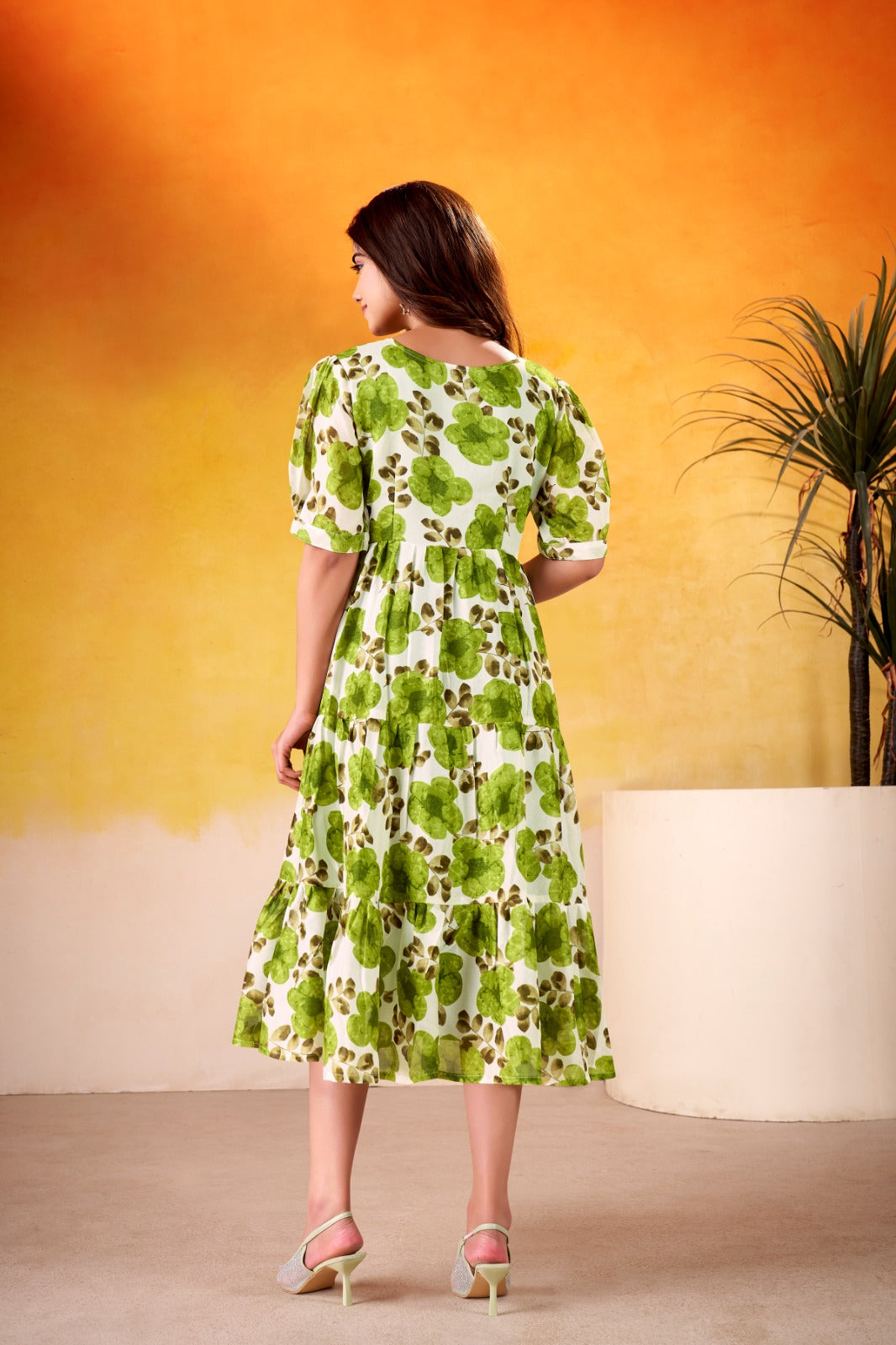 Fresh Green Leafy Bloom Cotton Tier Dress