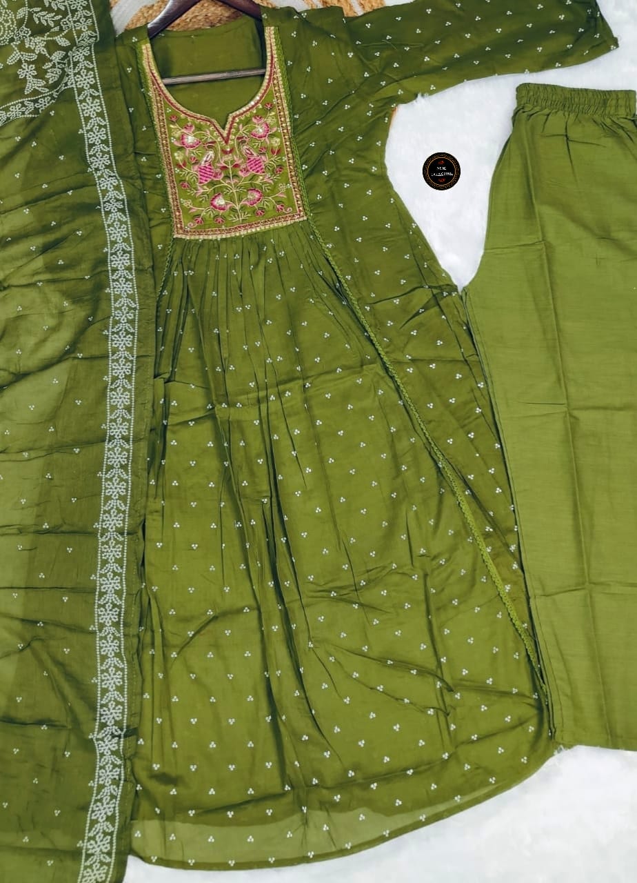 Olive Green Embroidered Cotton Anarkali Kurta