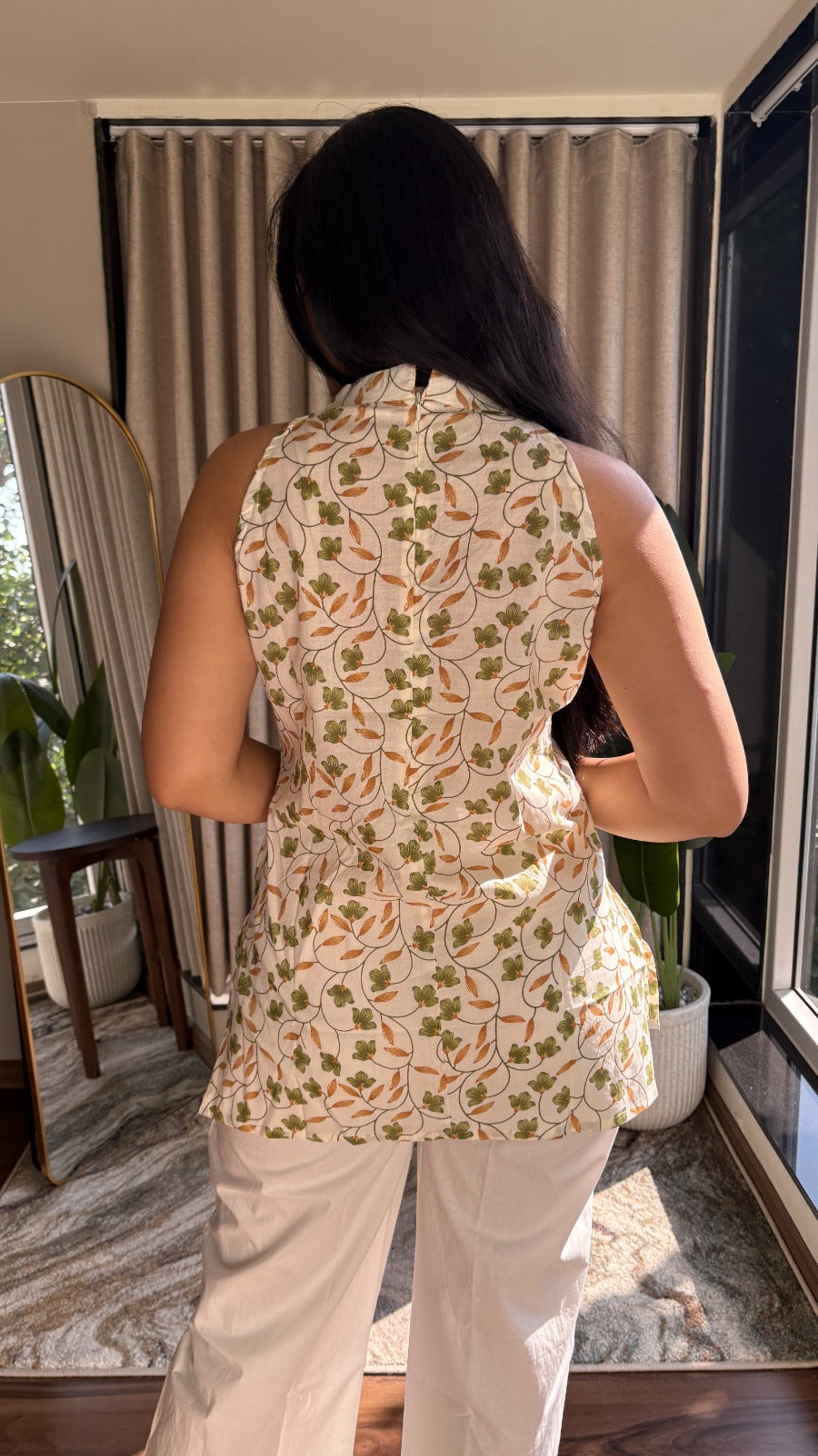 Off White Leaf-Print Sleeveless Cotton Top