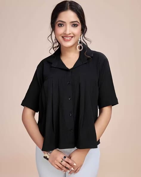Black Pleated Front Premium Shirt Top