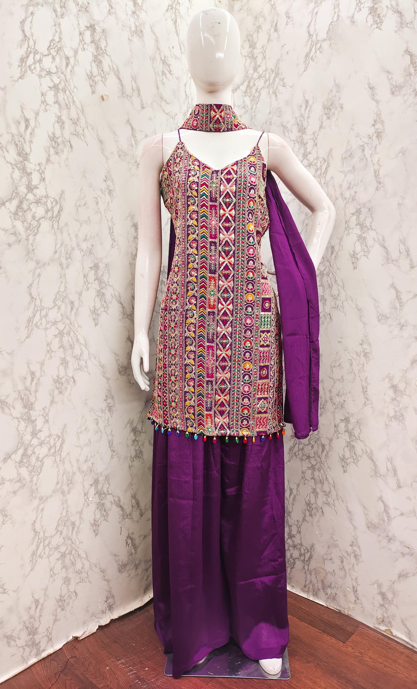 Purple Mirror Embroidered Straight Suit