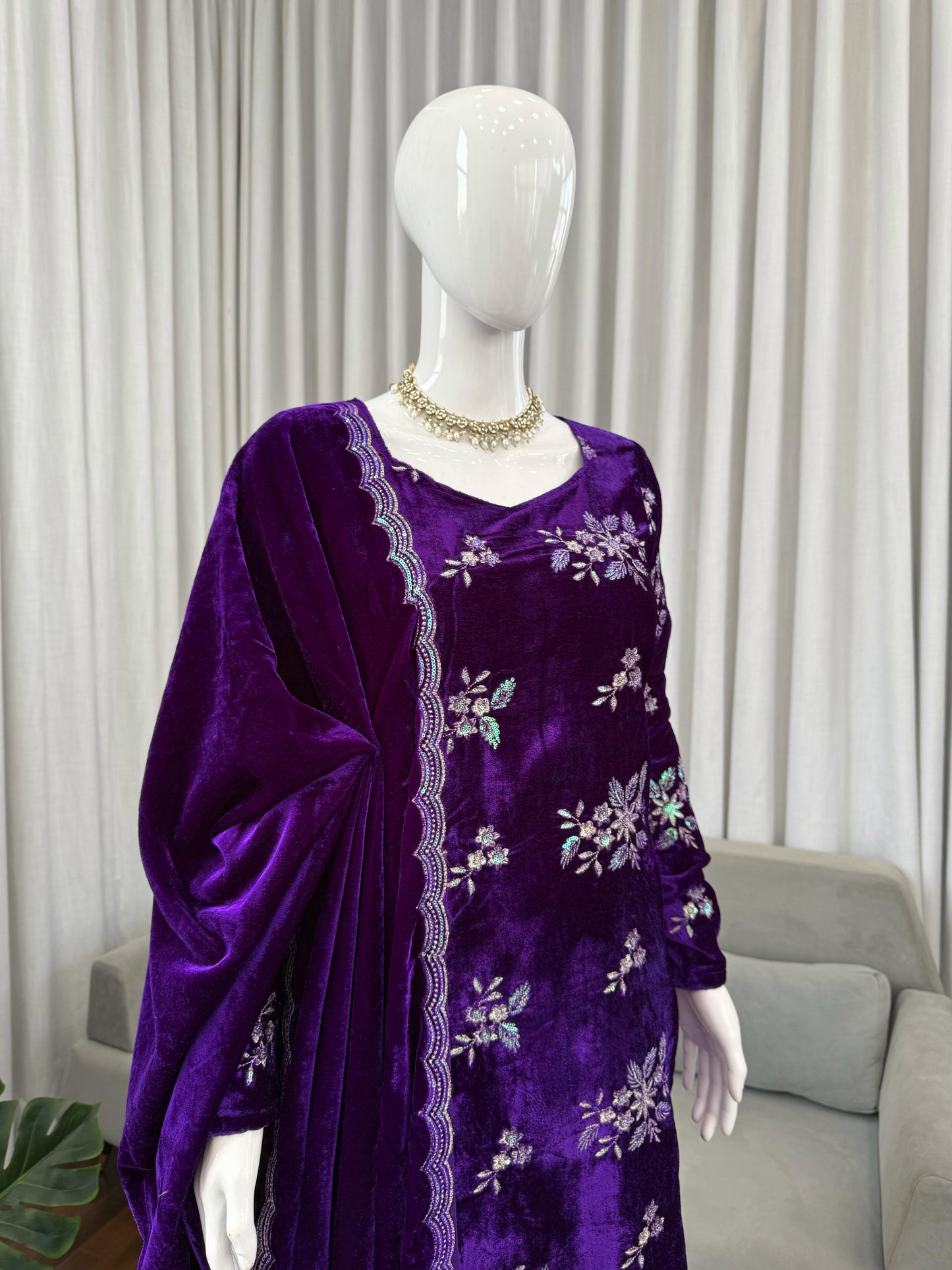 Purple Velvet Floral Work Pakistani Suit