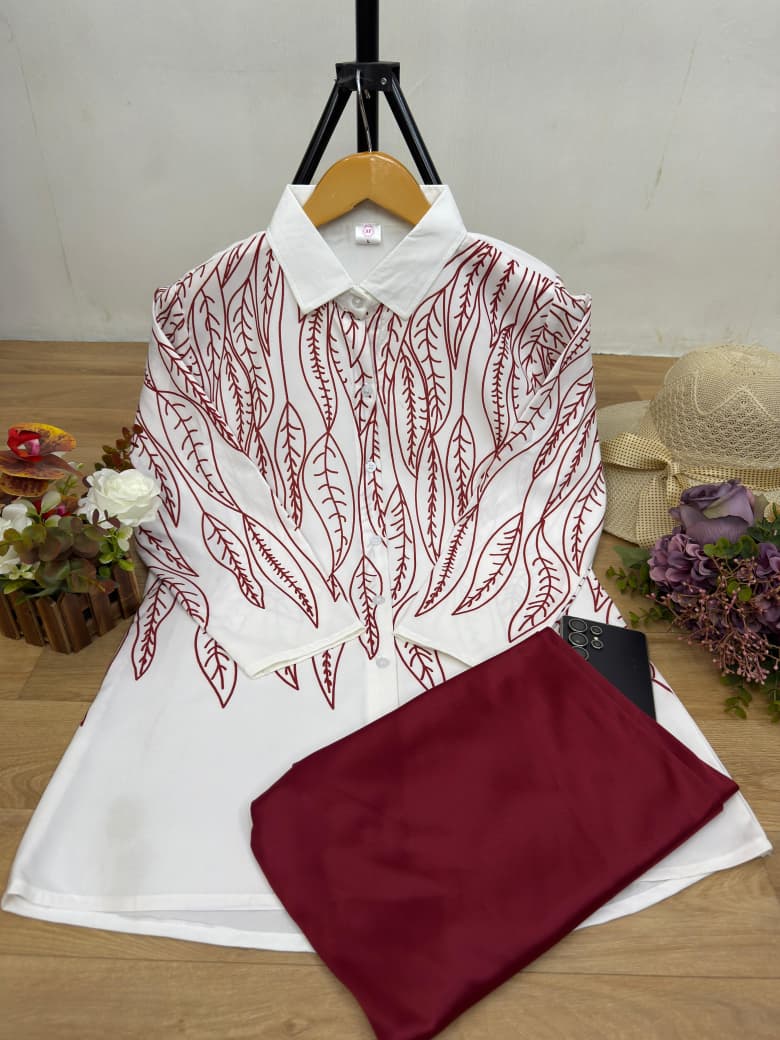 White Leaf Print Shirt with Maroon Pant Co-Ord Set