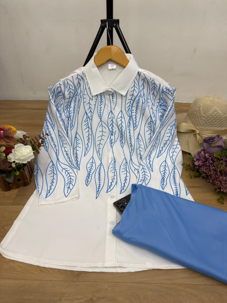 Classic White Long-Sleeve Printed Shirt Paired with Blue Elastic Waist Pants