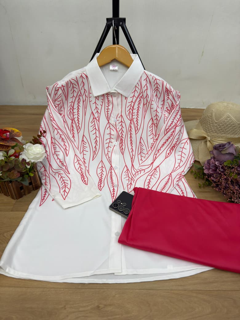 Trendy White Leaf-Print Shirt with Pink Wide-Leg Pants Co-Ord Set