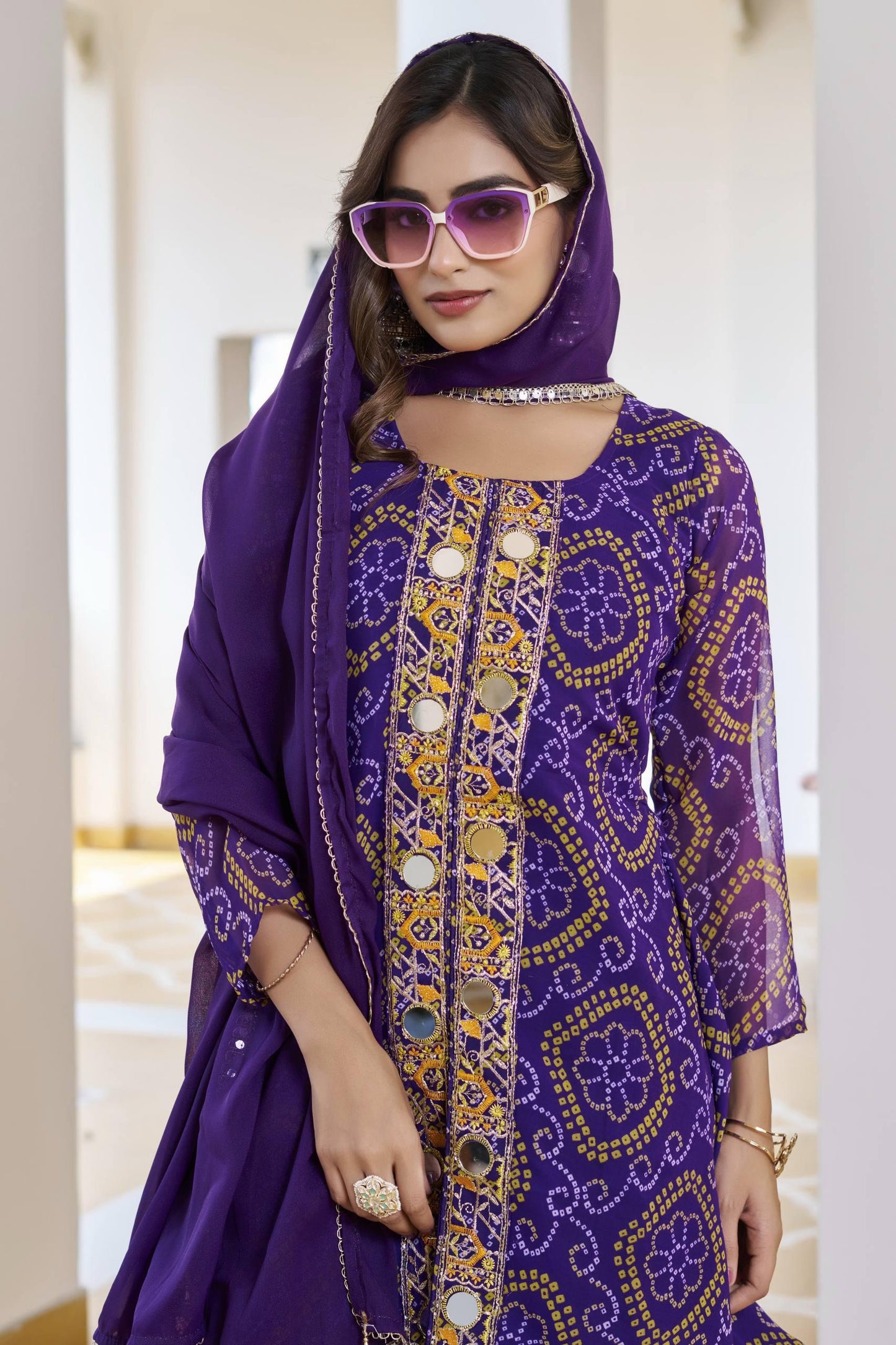 Royal Purple Bandhani Embroidery Kurti Set