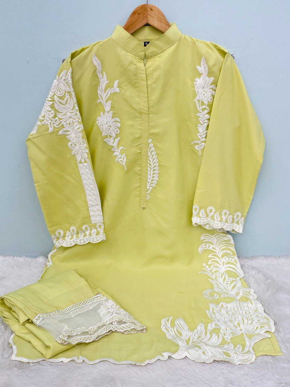 Lime Green Embroidered Straight Kurti