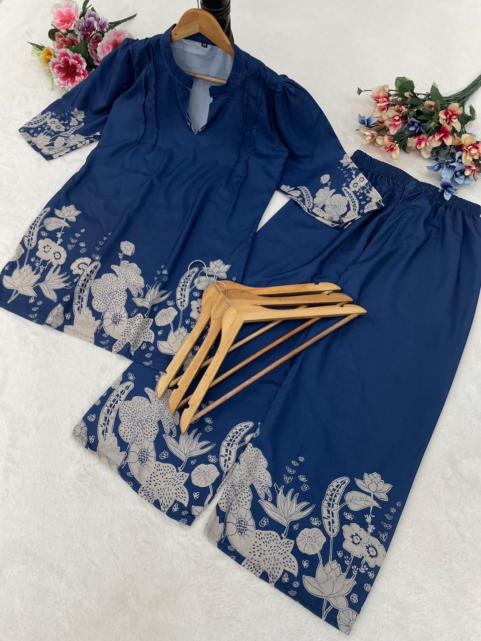 Navy ivory floral rayon slub two-piece co-ord set with top and pant in various sizes
