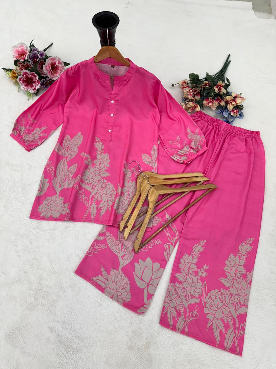 Pink Petals Premium Daily Wear Co-ord Set in Rayon Slub fabric with top and pant length details