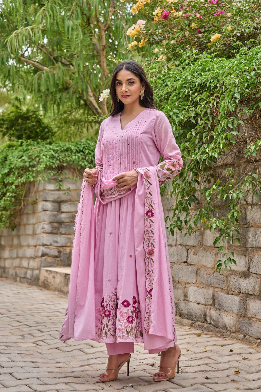 Pink Petal Handwork Kurti with Dupatta
