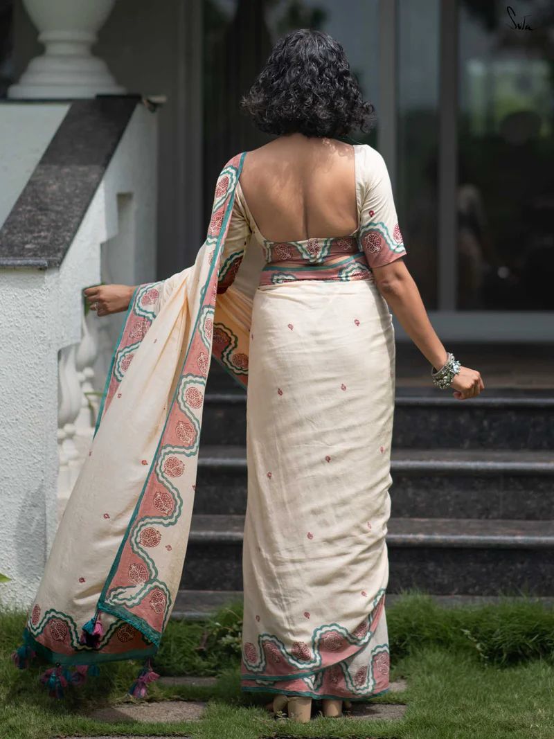 Beige Printed Saree with Tassels
