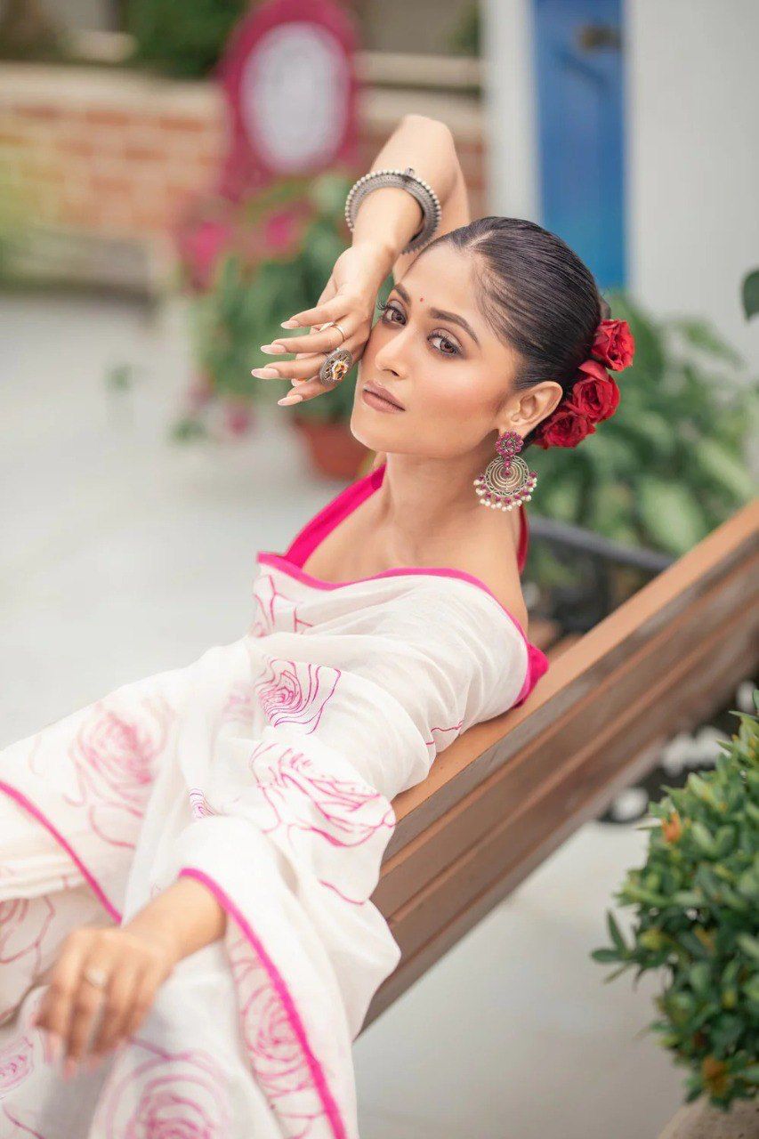 Off-white pink floral printed saree in pure linen cotton with digital print and handmade zalar work