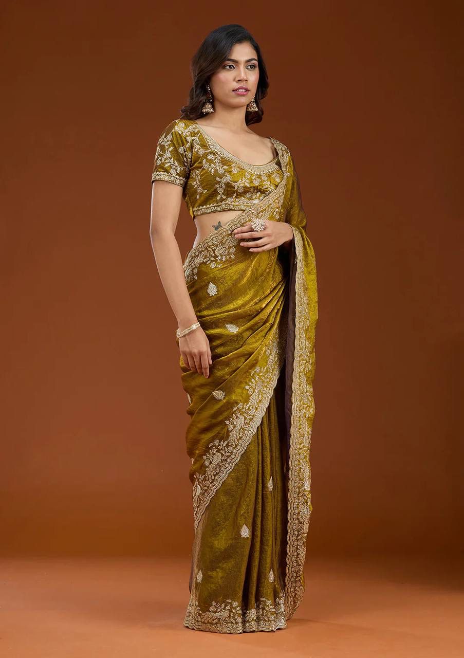 Mustard Elegance Embroidery Motifs Saree