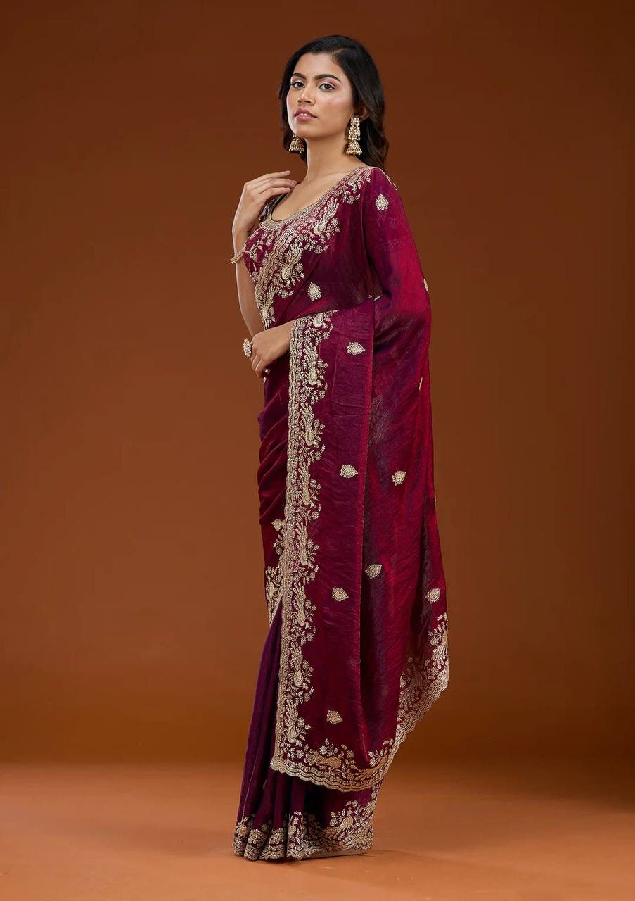 Wine Premium Rich Embroidered Saree