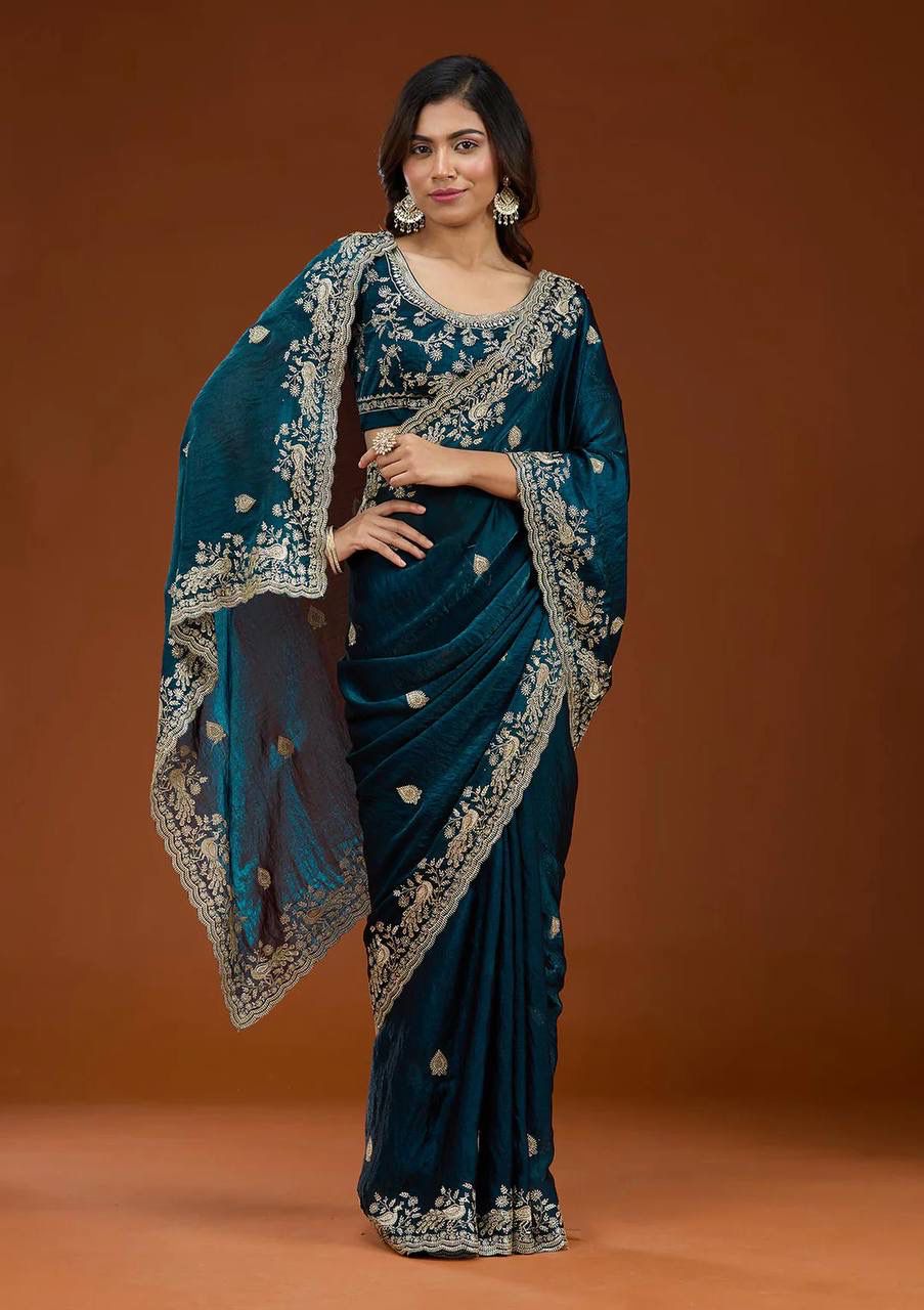 Teal Luxury Handwork Embroidered Saree