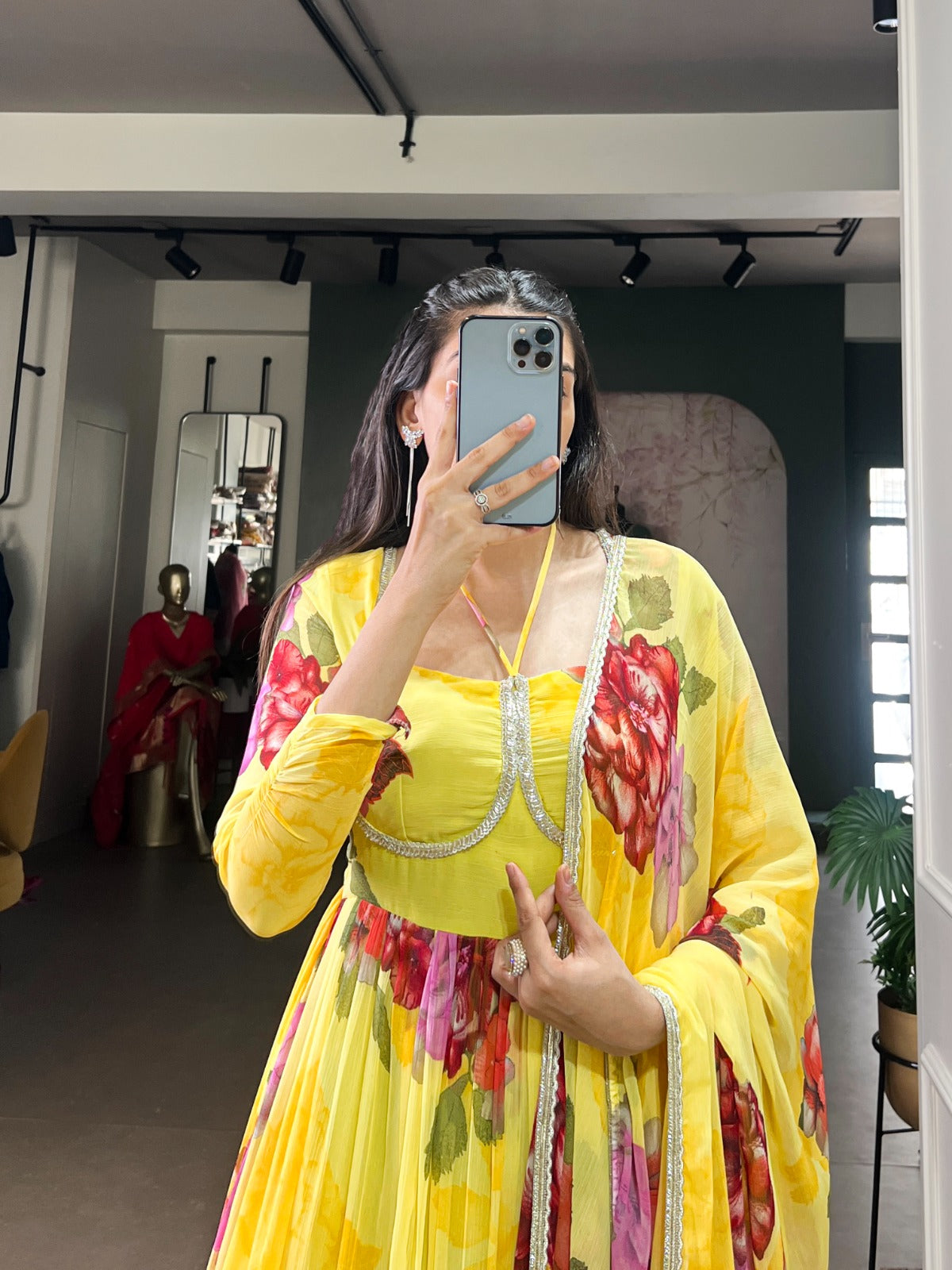 Yellow Floral Printed Flowing Western Gown