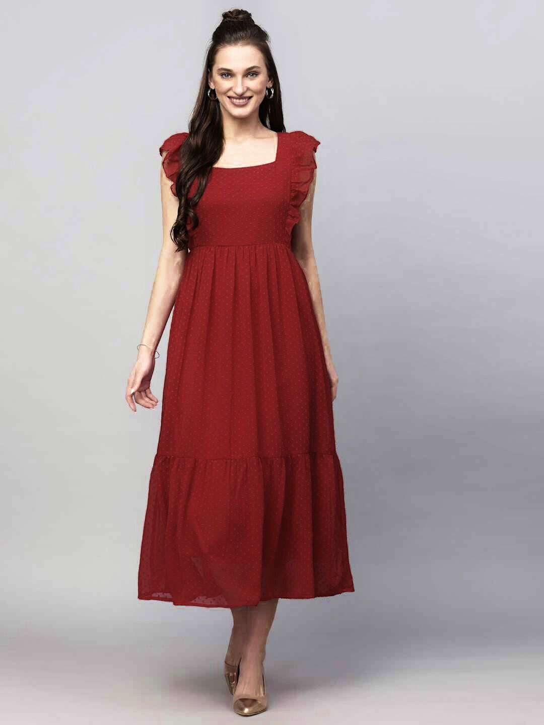 Premium Maroon Flare Midi Dress with Soft Ruffle Detailing