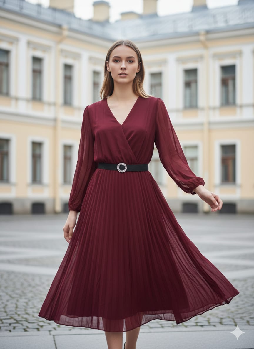 Royal maroon georgette dress with belt