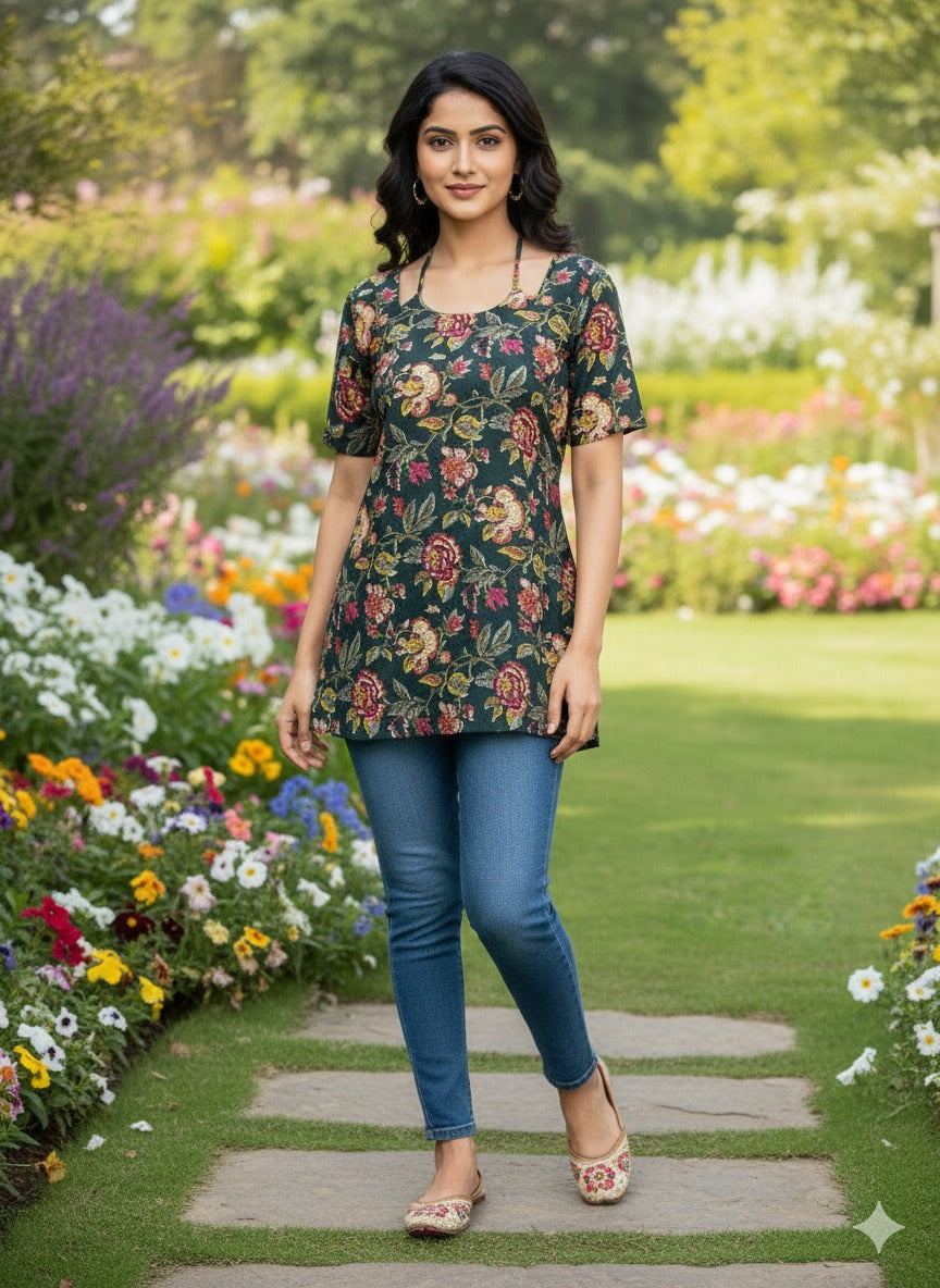 Elegance Green Floral Printed Straight Kurti Top