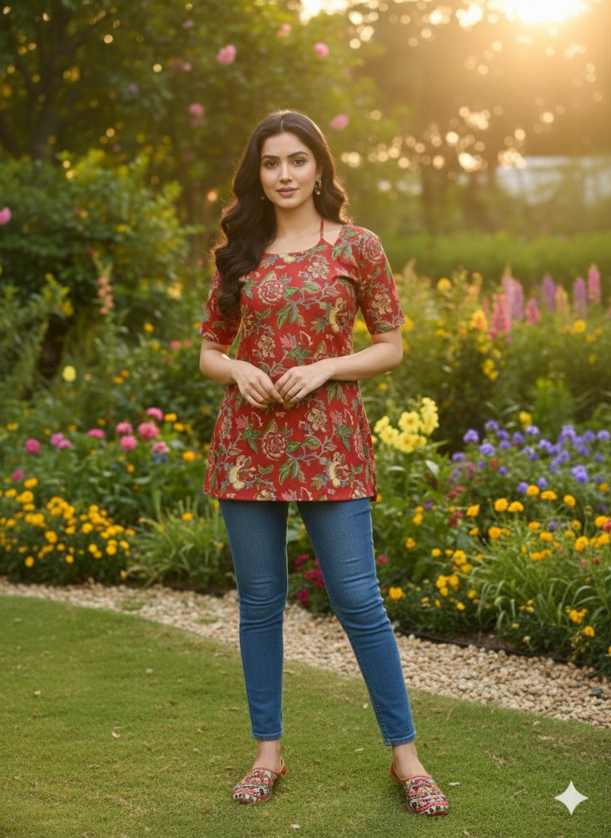 Designer Red Floral Print Cotton Straight Kurti Top