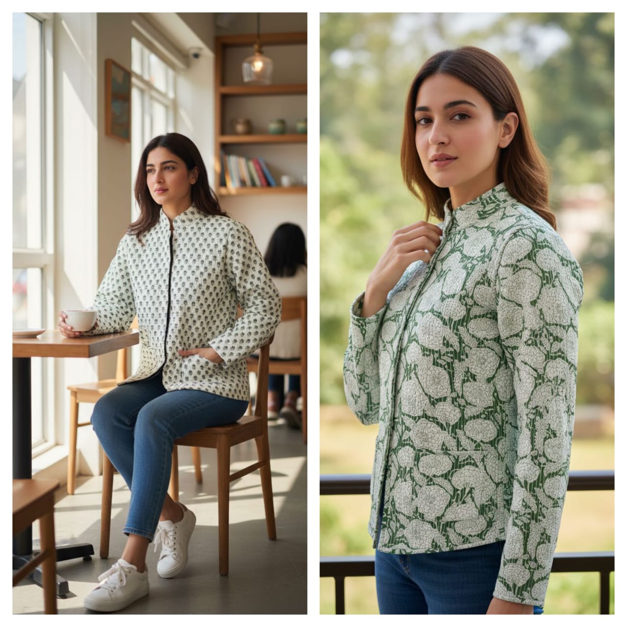 Green Flower Printed Reversible Jacket