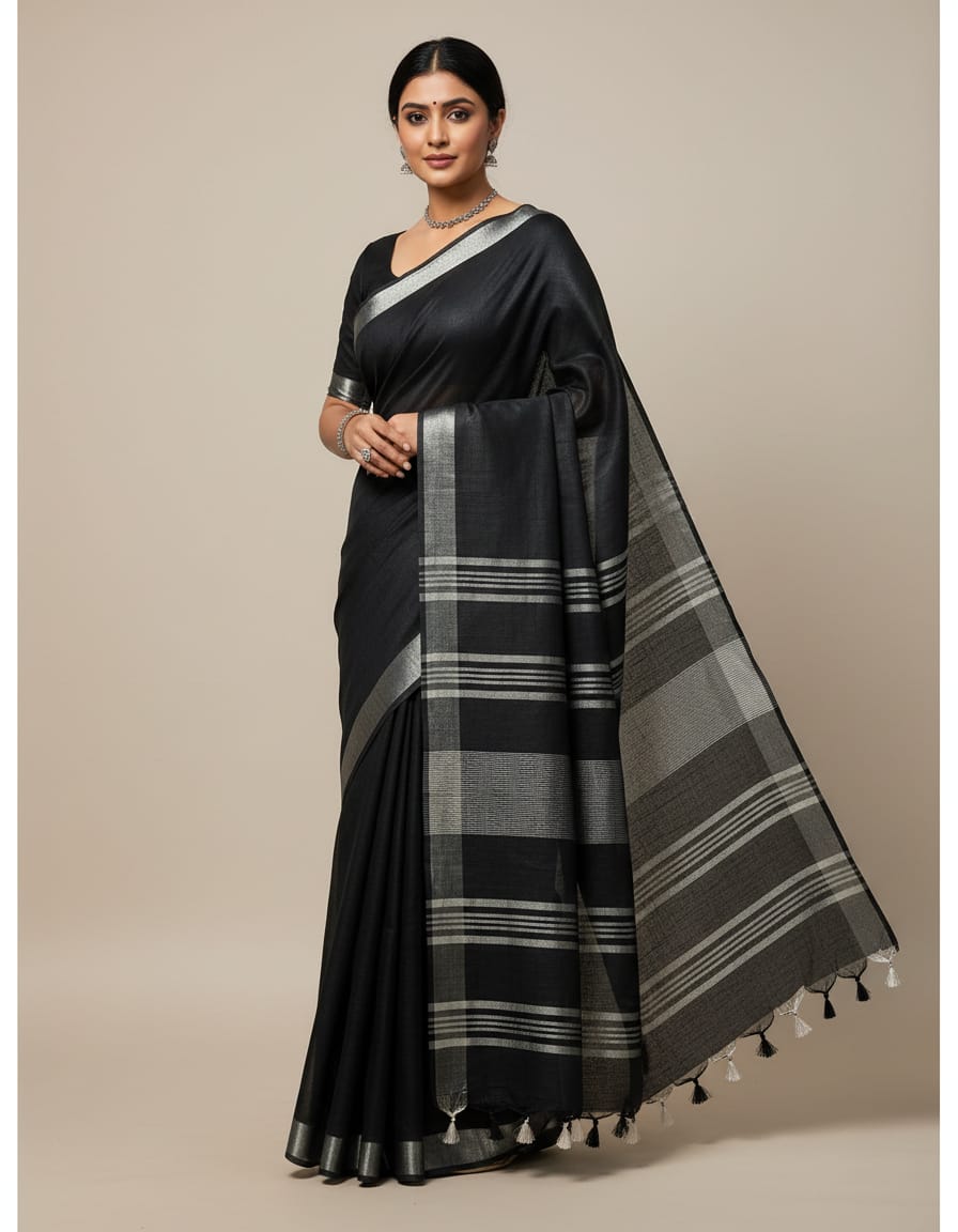 Elegent Lightweight Linen Cotton Black Saree