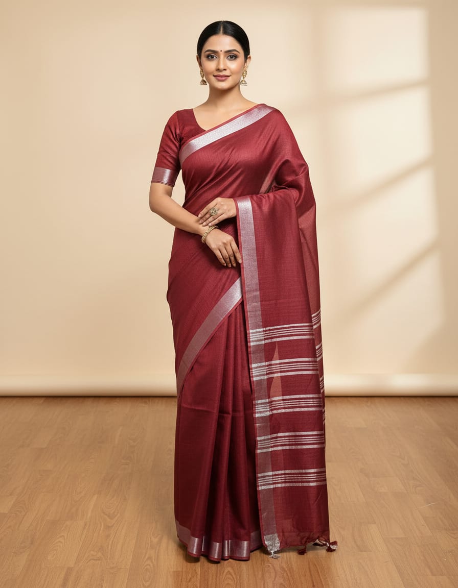 Marron Plain Saree With A Matching Blouse And Tassels