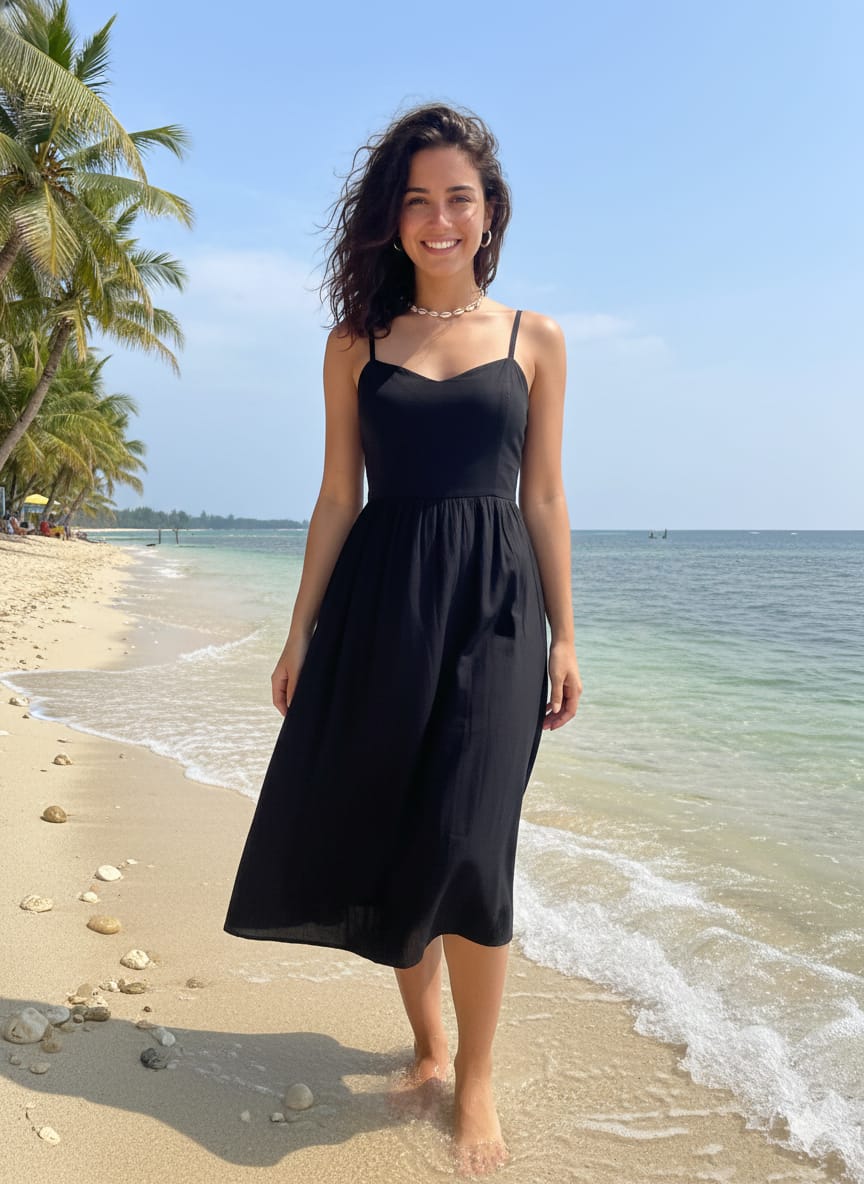 Black one piece beach wear dress made of cotton, free size up to XL