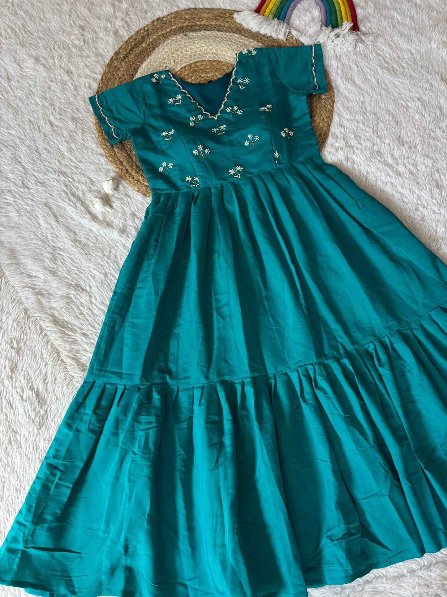 Premium Teal Green Handwork Flared One Piece Dress