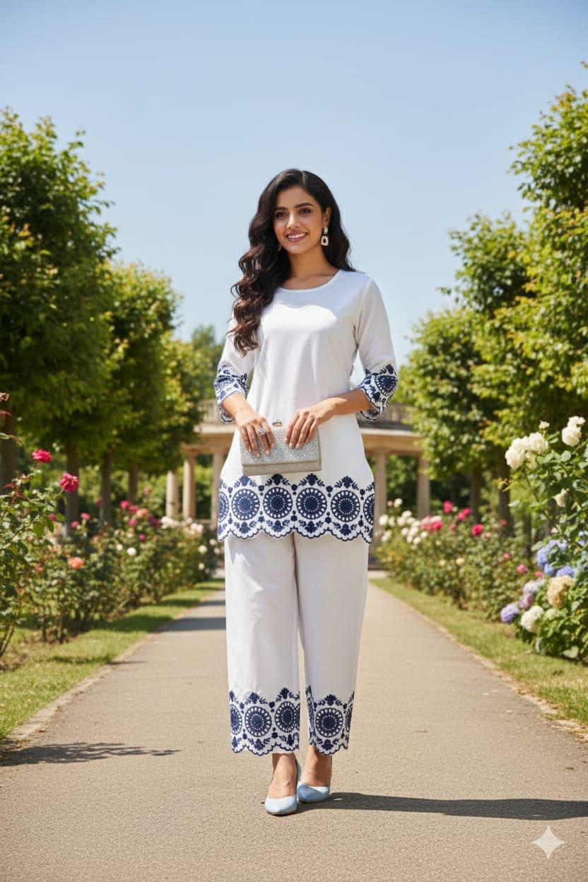 Beautiful cotton co-ord set with blue embroidery work on top and pants for women