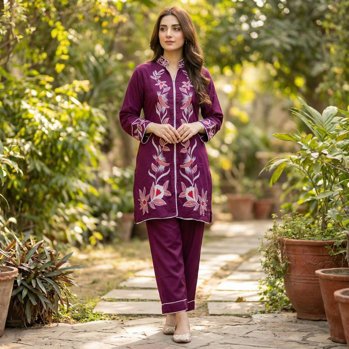 Rayon Marron Co-ord Set With Embroidery Work