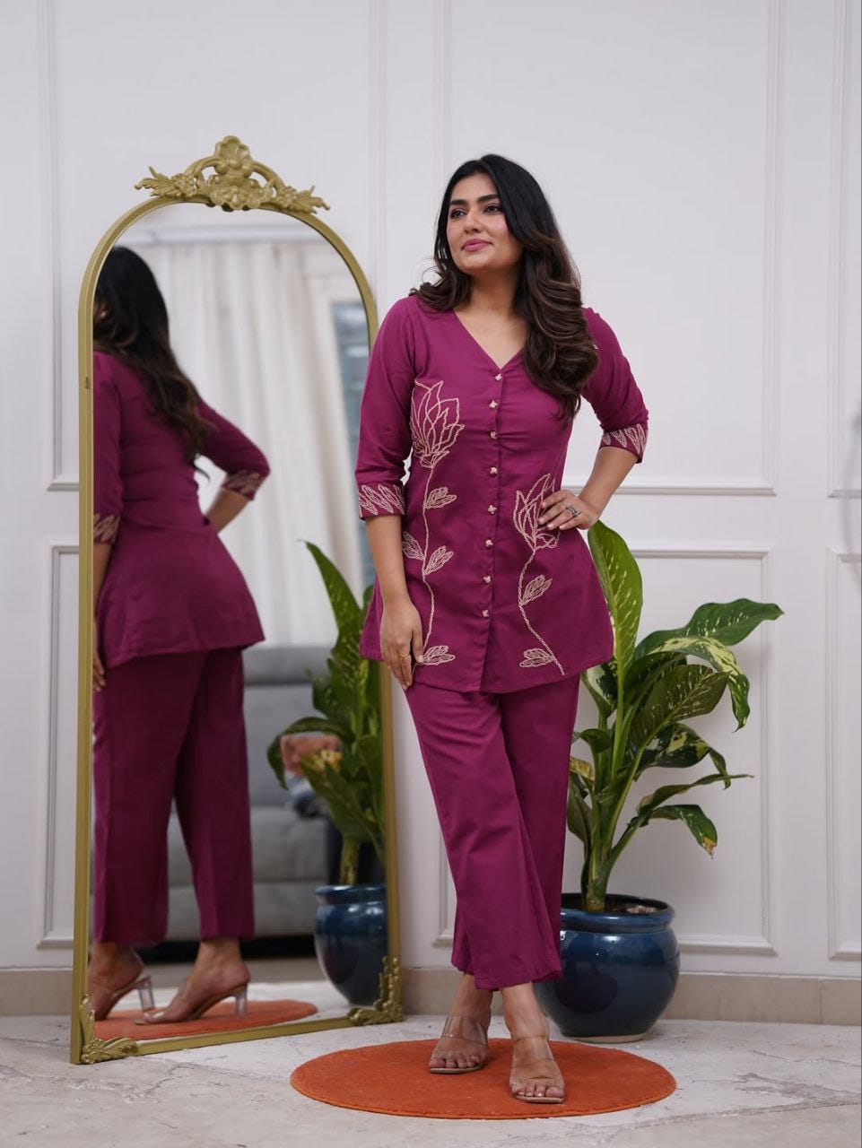 Wine Thread Embroidered Co-ord Set