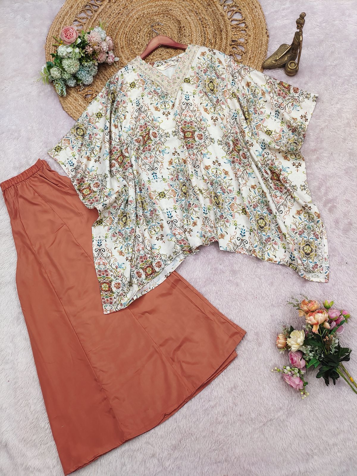 Elegant Satin Digital Print Kaftan Top With Pant