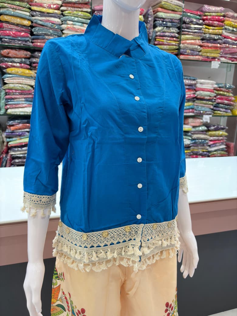 Blue Premium Fabric Co-ord Set featuring breathable 100% cotton top and relaxed cotton plazo in various sizes