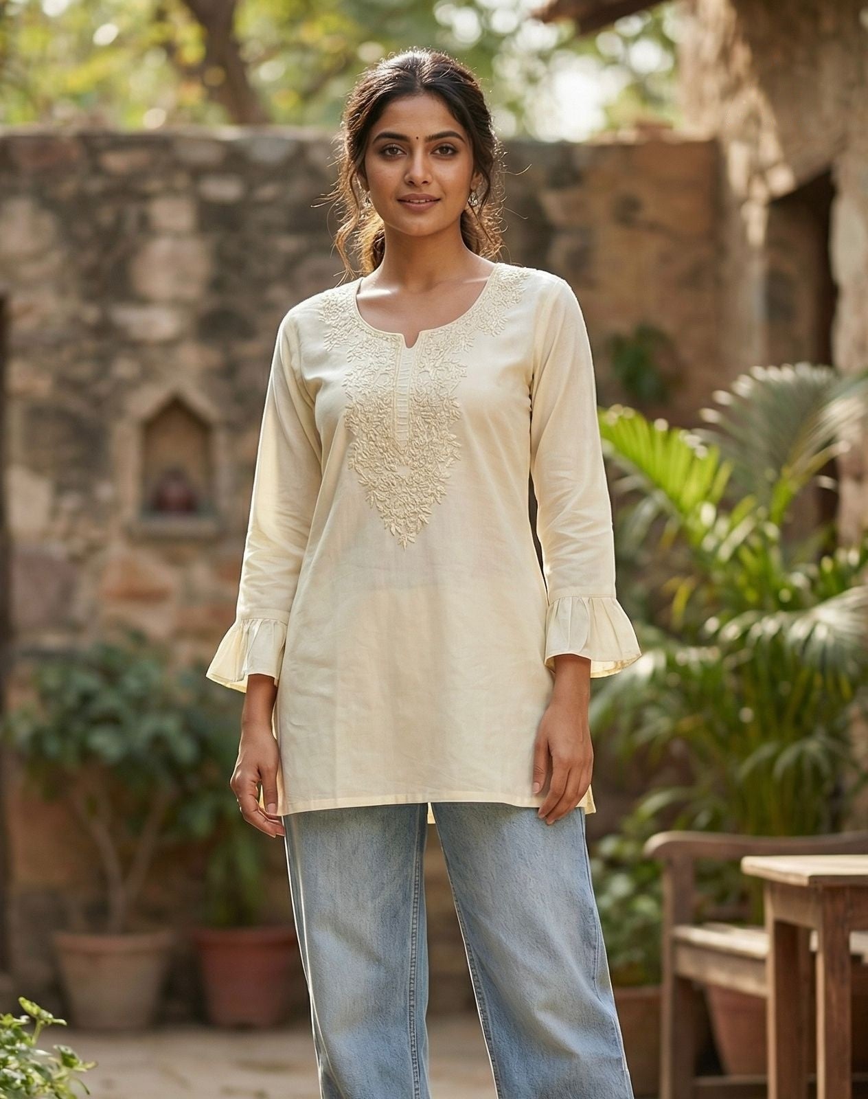 White Chikankari Short Top For Women