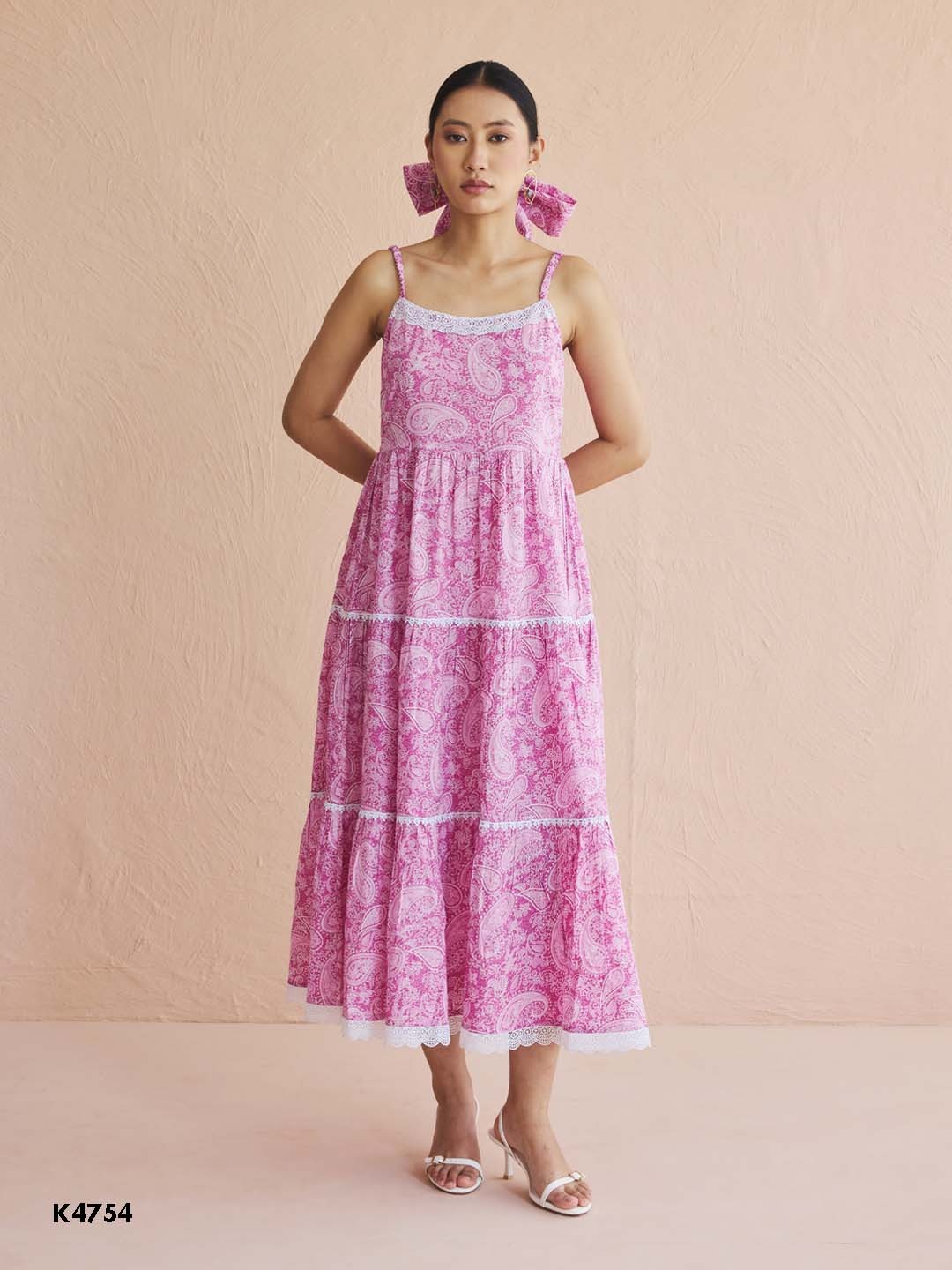 Pink three layer flared cotton midi dress with embroidery work