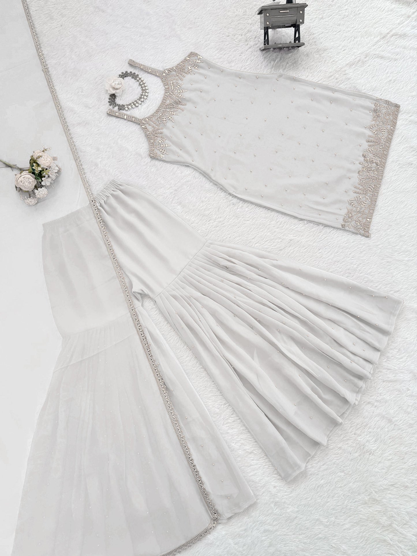 White Elegance in Every Stitch Sharara