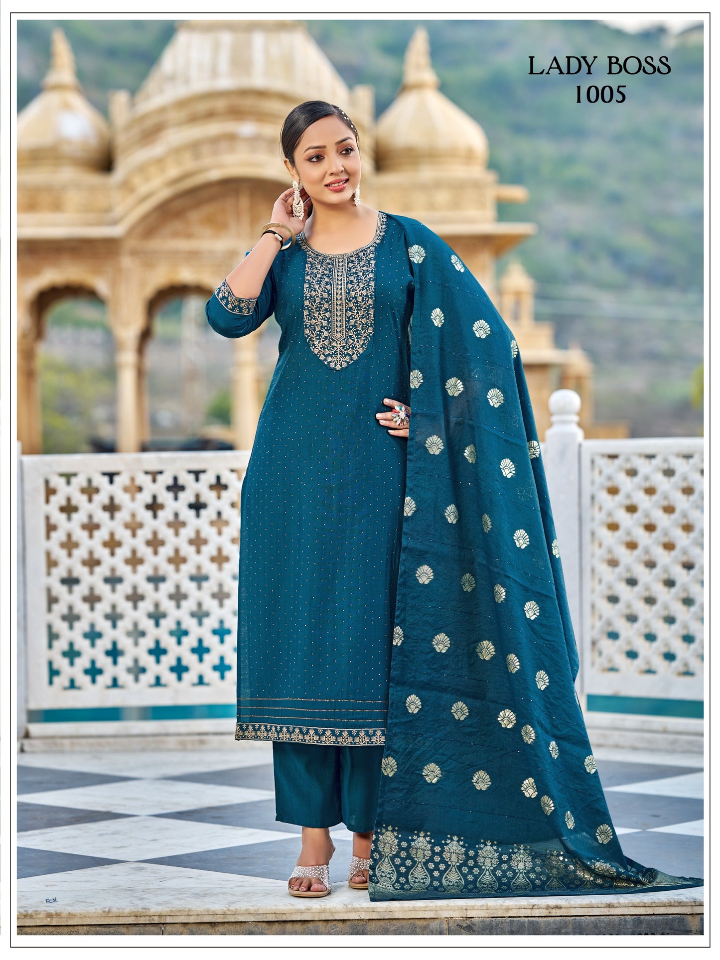 Vertican Silk Teal Blue Kurti Set With Jarkan Work