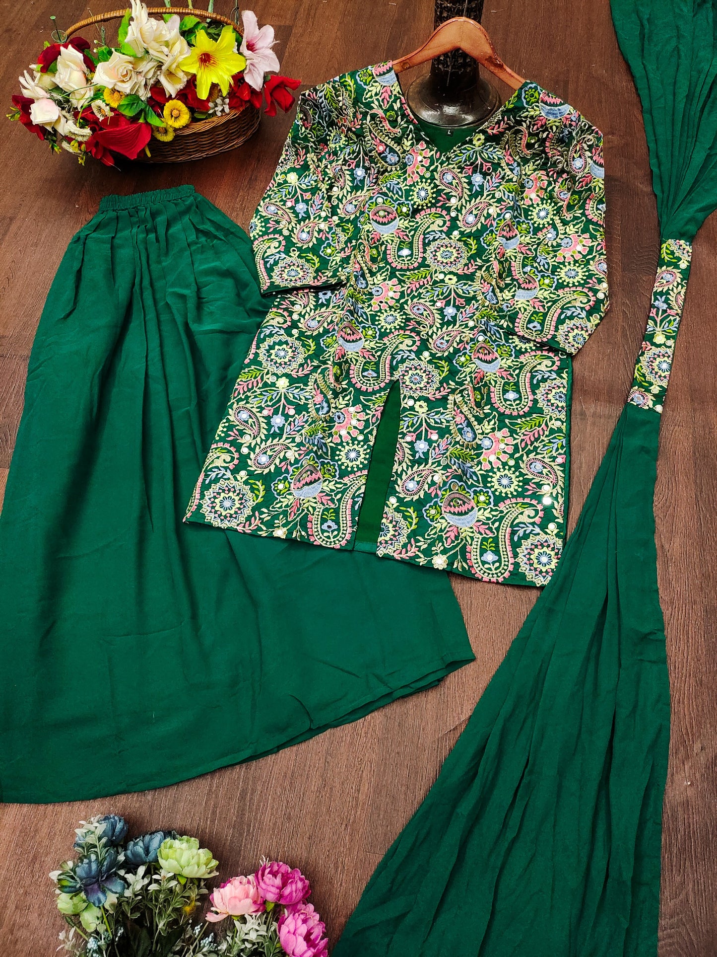 Green Designer Embroidered  Sharara
