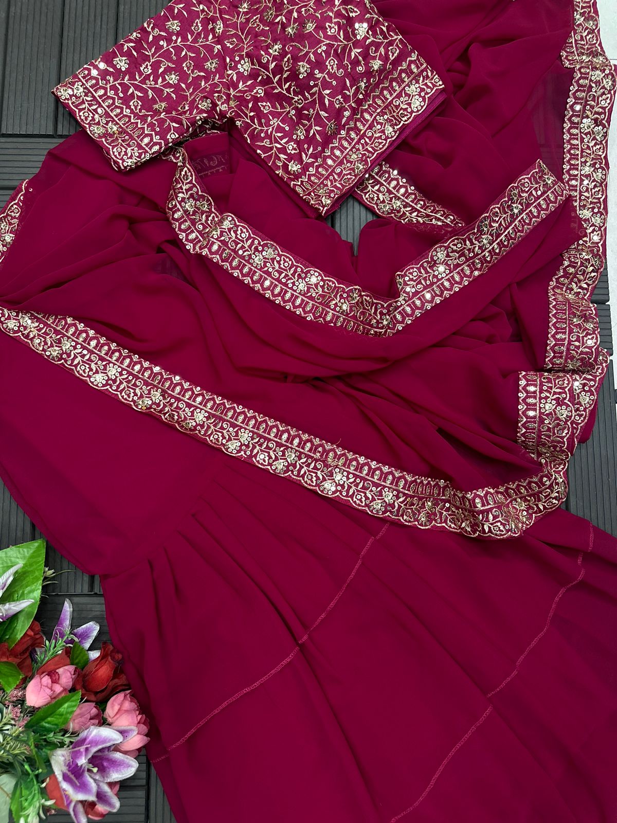 Maroon Designer Stitched Lehenga Saree