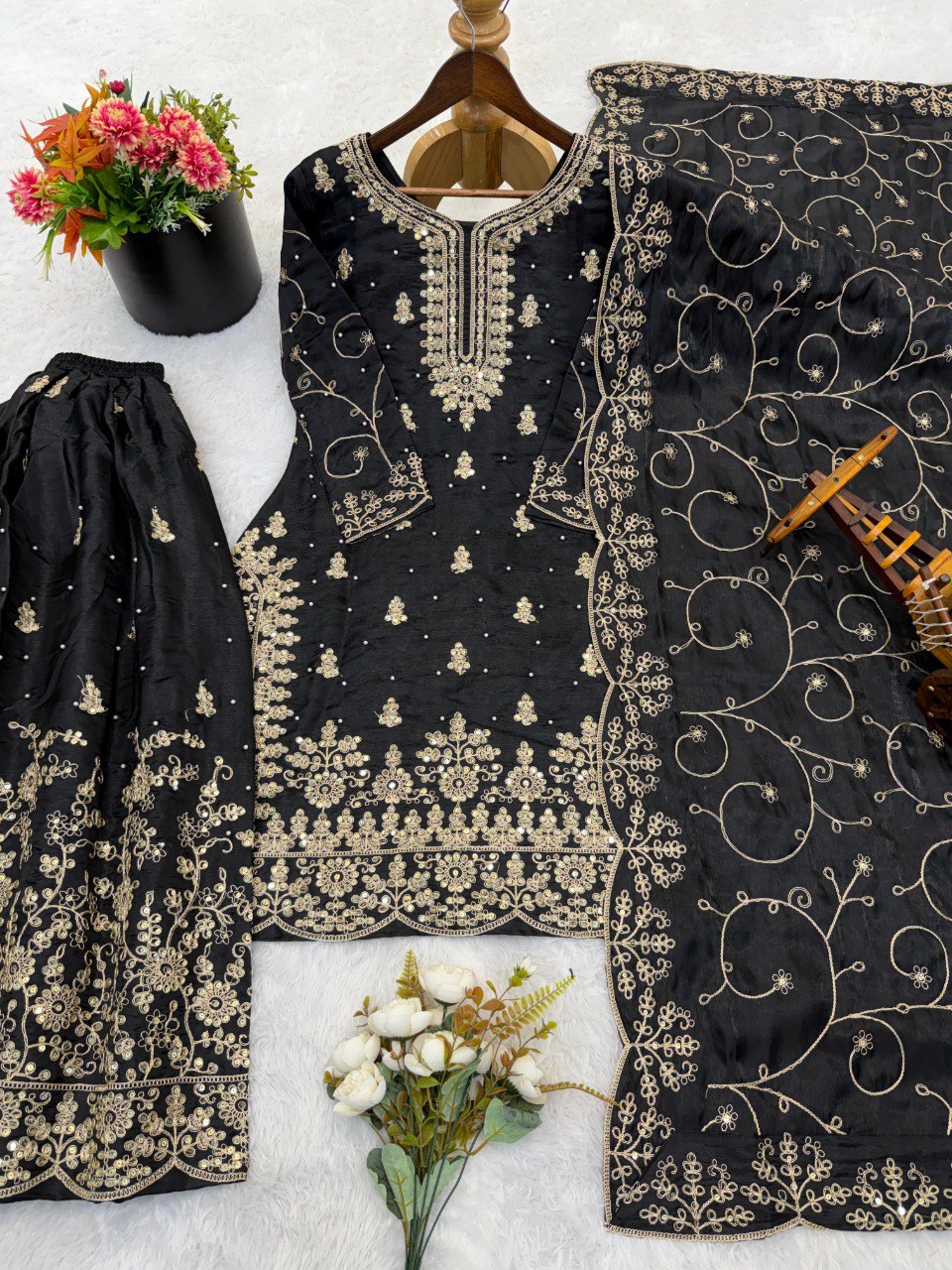 Black Heavy Embroidery Work Suit Set With Dupatta