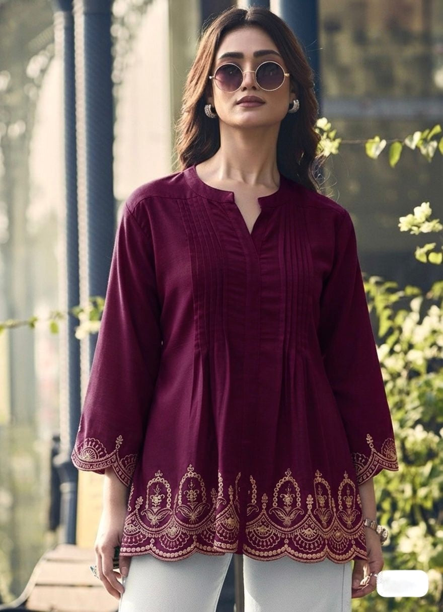 Women Wine Pleated Pattern Embroidered Kurti Top