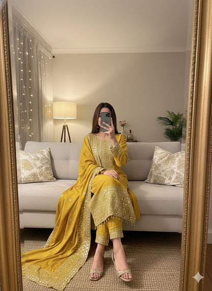 Yellow Cinon Silk Pakistani Suit With Sequence Work
