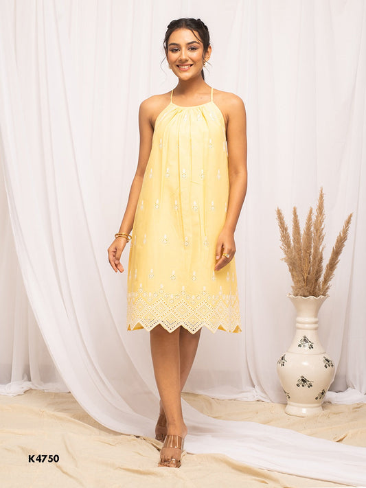 Yellow cotton embroidered one-piece dress for summer wear