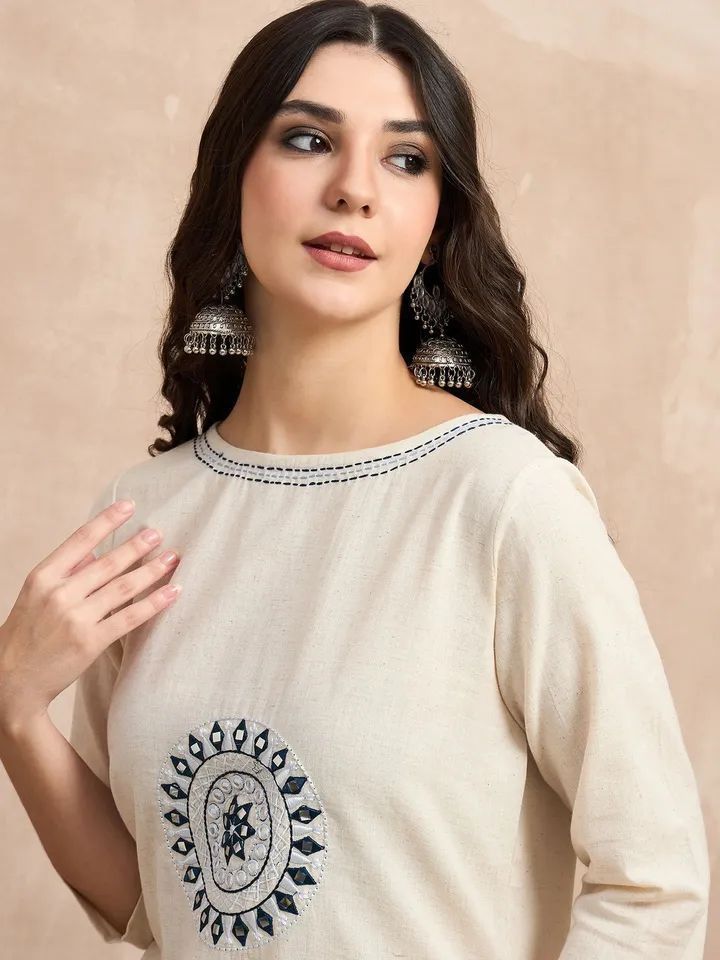 Office Wear Ivory Kurta Pant Set with blue embroidered motifs and matching pants in premium cotton flex