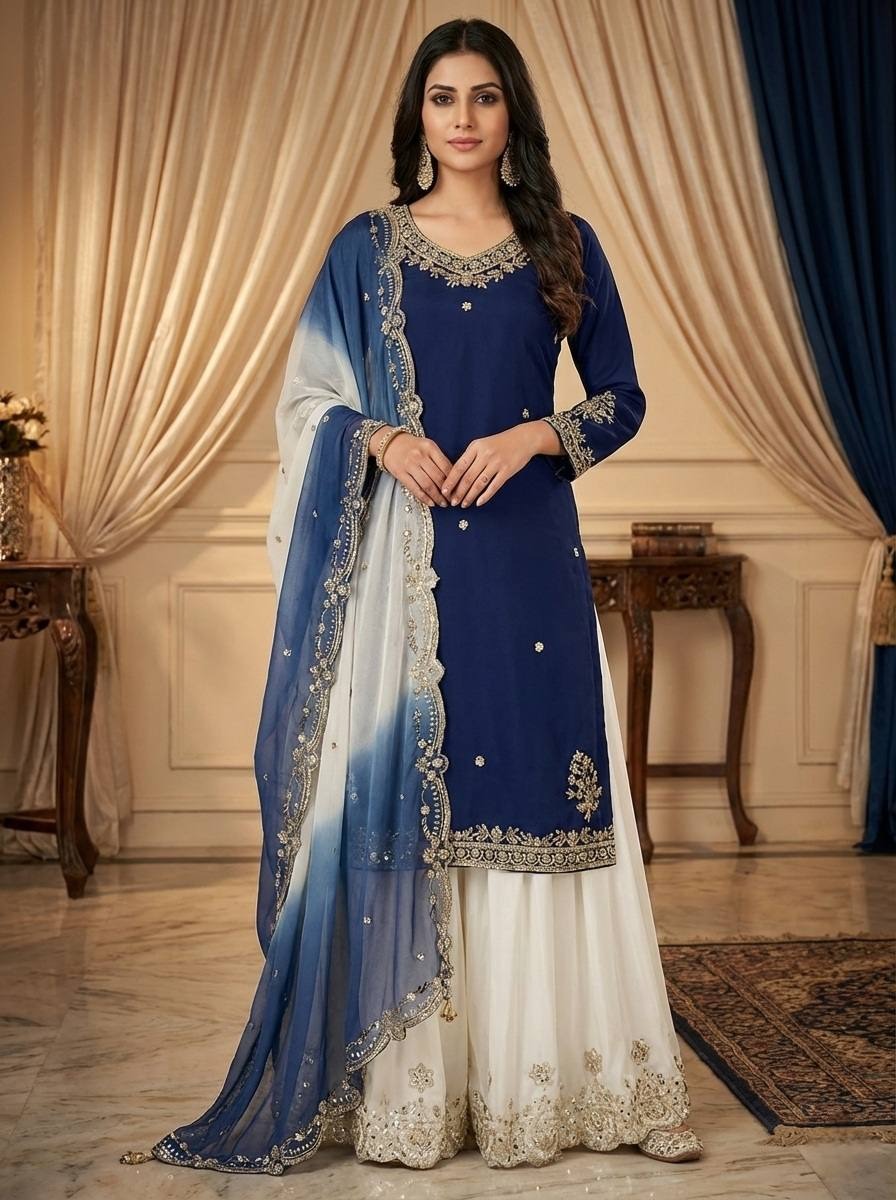 Blue And White Combination Crepe Plazzo Suit