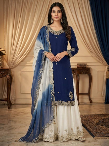 Blue And White Combination Crepe Plazzo Suit