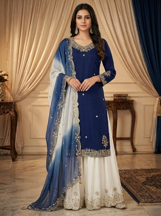 Blue And White Combination Crepe Plazzo Suit