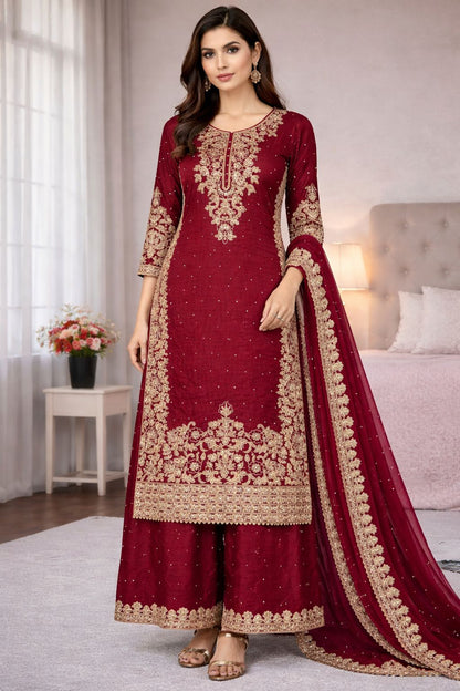 Pure Gmy Silk Red Embroidery Suit Set